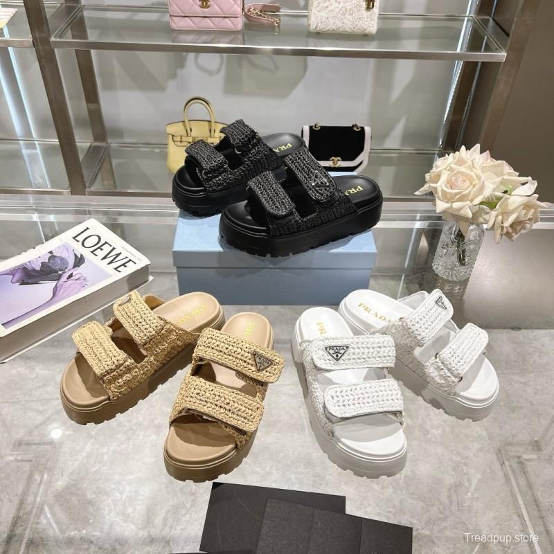 2025 Women Prada White Knit Leather Slippers