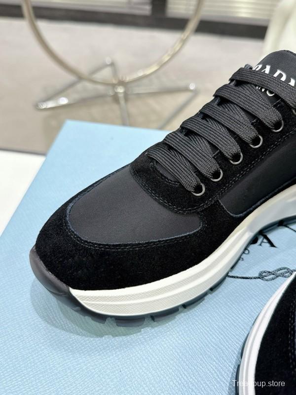 2025 Women Prada Black Leather Mesh Sneakers KFY00310