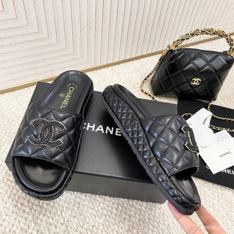 2025 Chanel Black Leather Slippers CC Stitching KFY00290