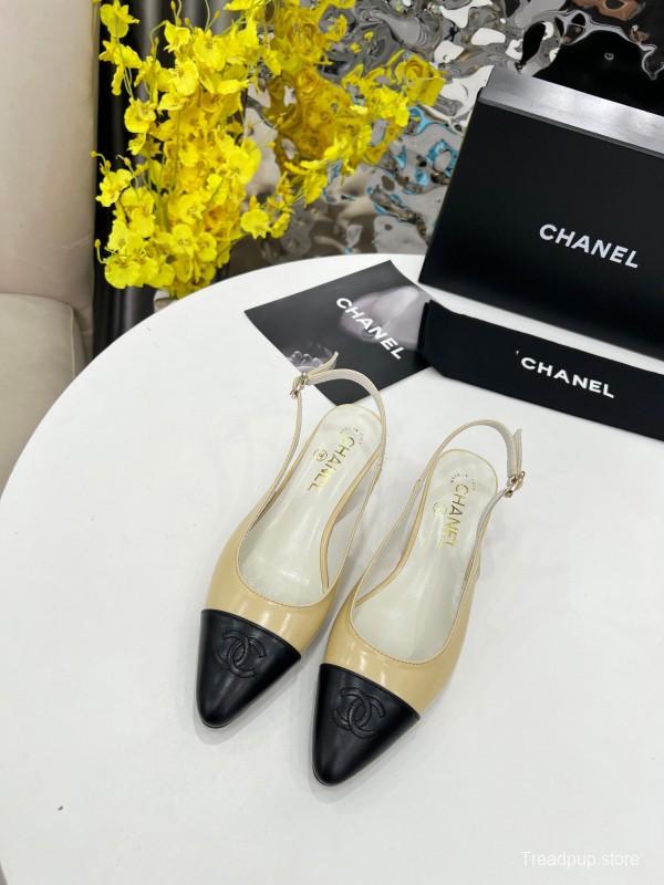 2025 Women Chanel Apricot Black Leather Slingback Flats