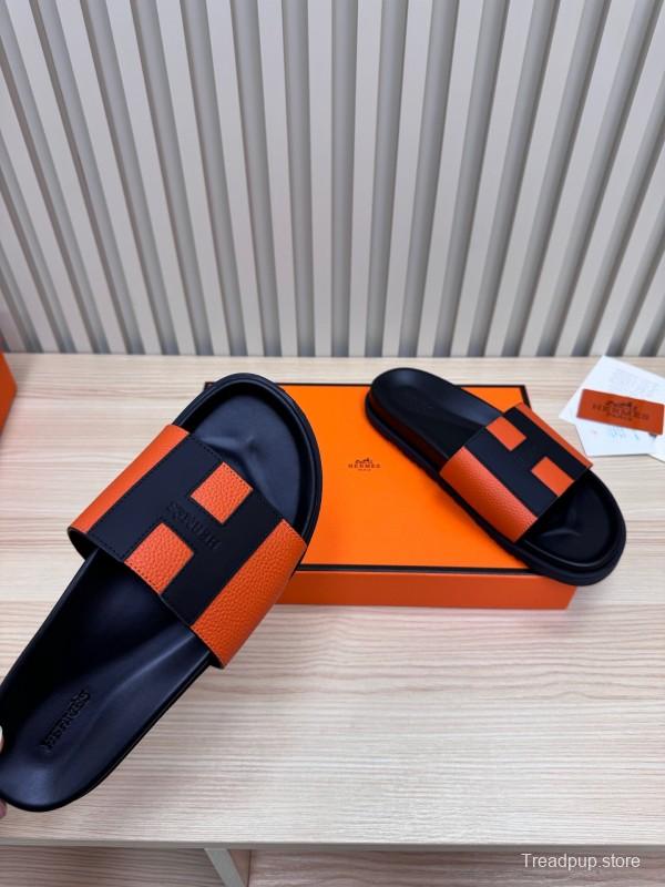 2025 Slippers Hermès Orange Black Leather Slippers
