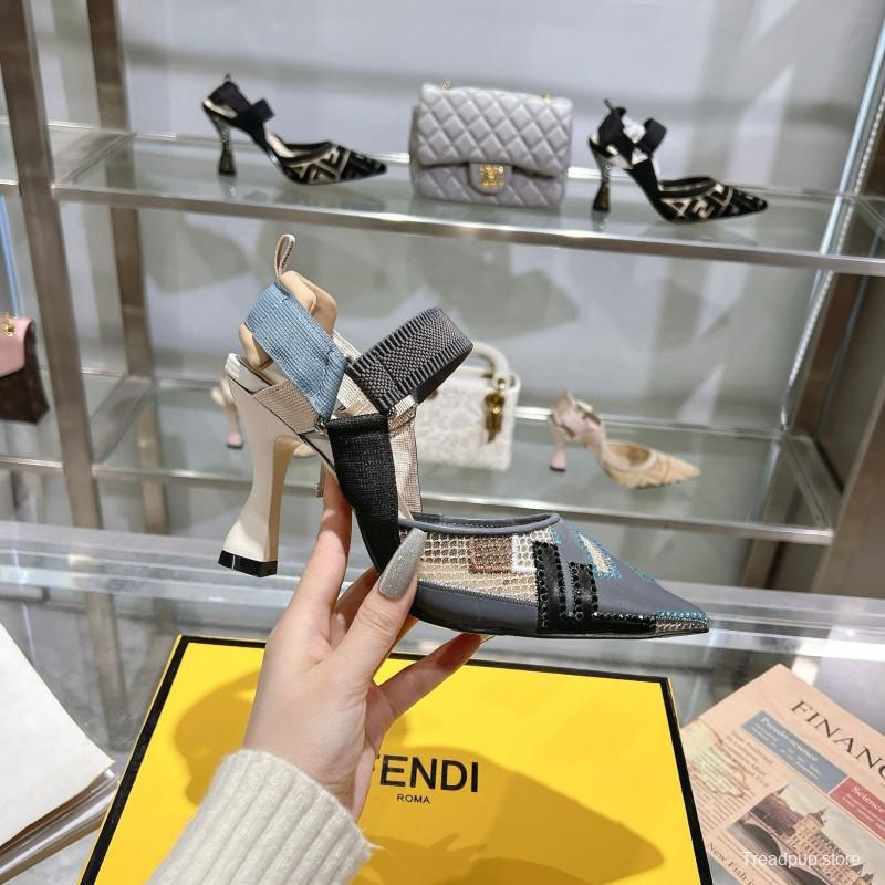 2025 Women Fendi Grey Blue Black Leather Mesh High Heels