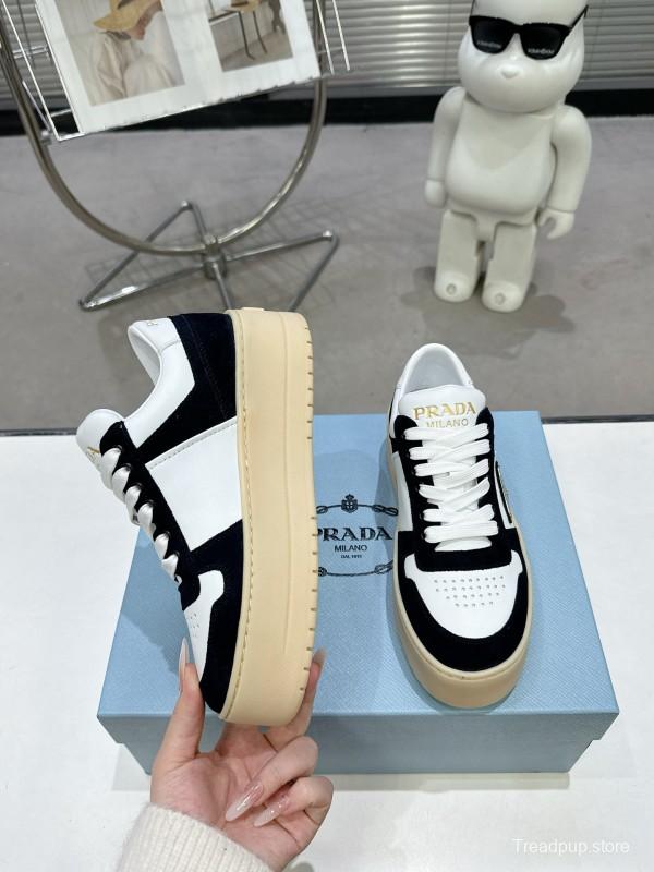 2025 Women Prada Black White Leather Suede Sneakers Downtown Bold KFY00310