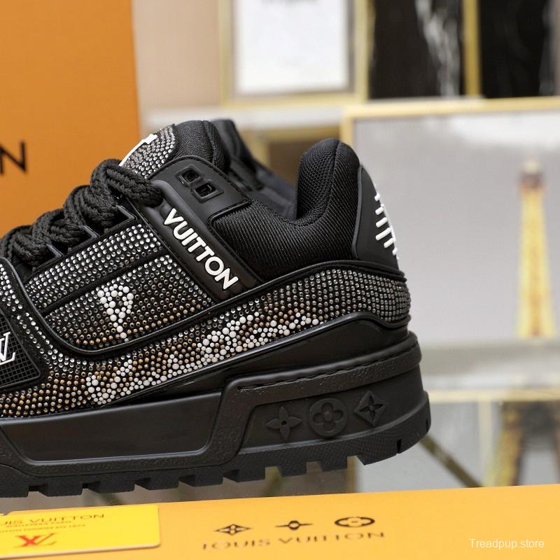 2024 Unisex Louis Vuitton Black Rhinestone Leather LV Trainer Sneakers MJ00430