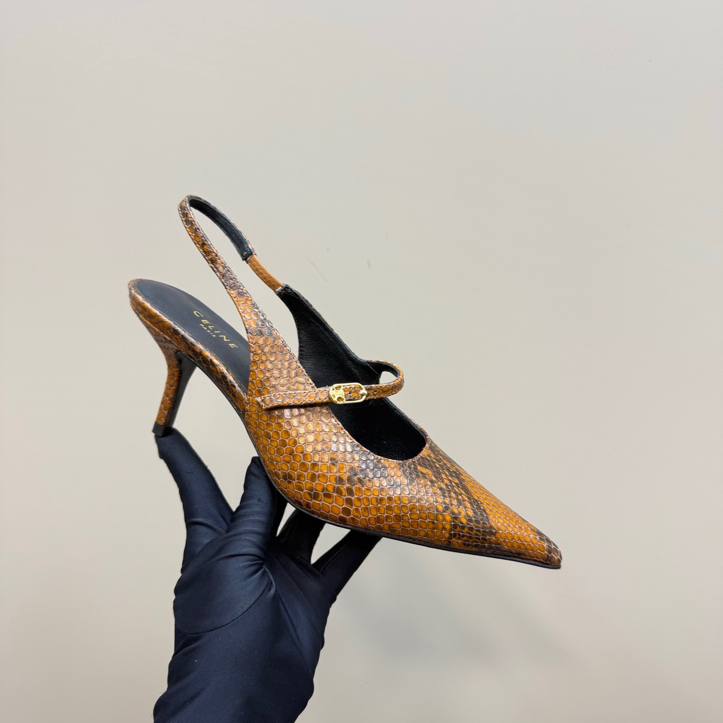 2025 Women Celine Brown Snake Leather Pointed Toe Slingback Heels