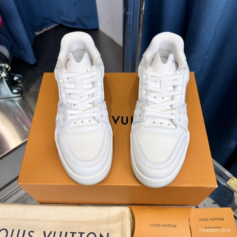 2025 Unisex Louis Vuitton White Calf Leather Mesh Trainer TPU Plimsolls Goodyear Welt