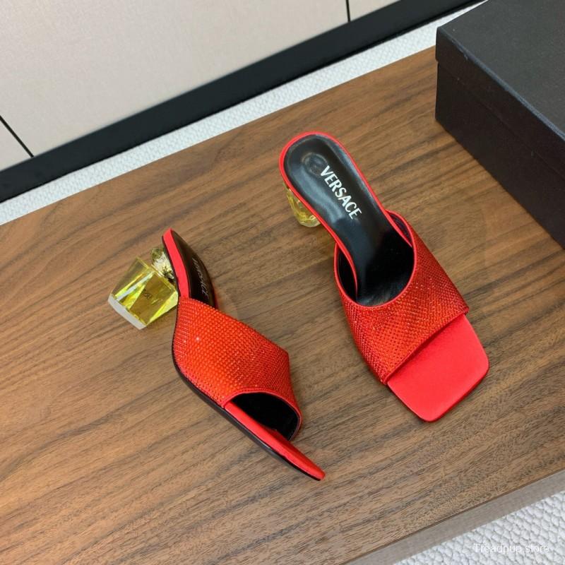 2025 Women VERSACE Red Leather Suede Slip-on Sandals