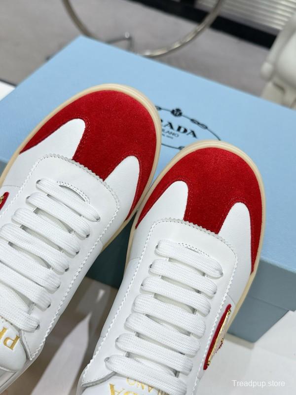 2025 Women Prada White Red Suede Leather Sneakers