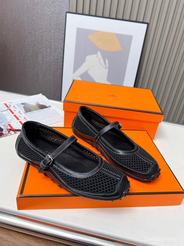 2025 Women Hermès Black Leather Mesh Mary Jane LY00230