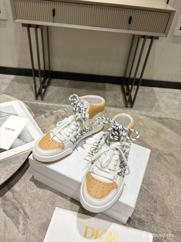 2025 Women Dior White Beige Leather Mesh High Top Sneakers