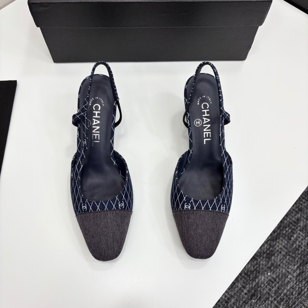 2025 Women Chanel Blue Grey Denim Leather Slingback LY00240