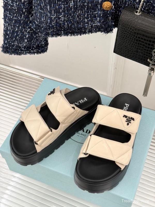 2025 Slippers Prada Beige Leather Magic Tape Platform Thick Sole