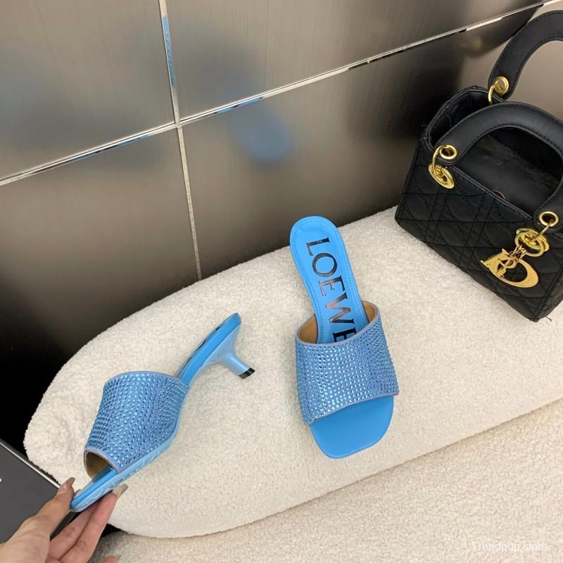 2025 Women Loewe Blue Leather Slide Sandals LY