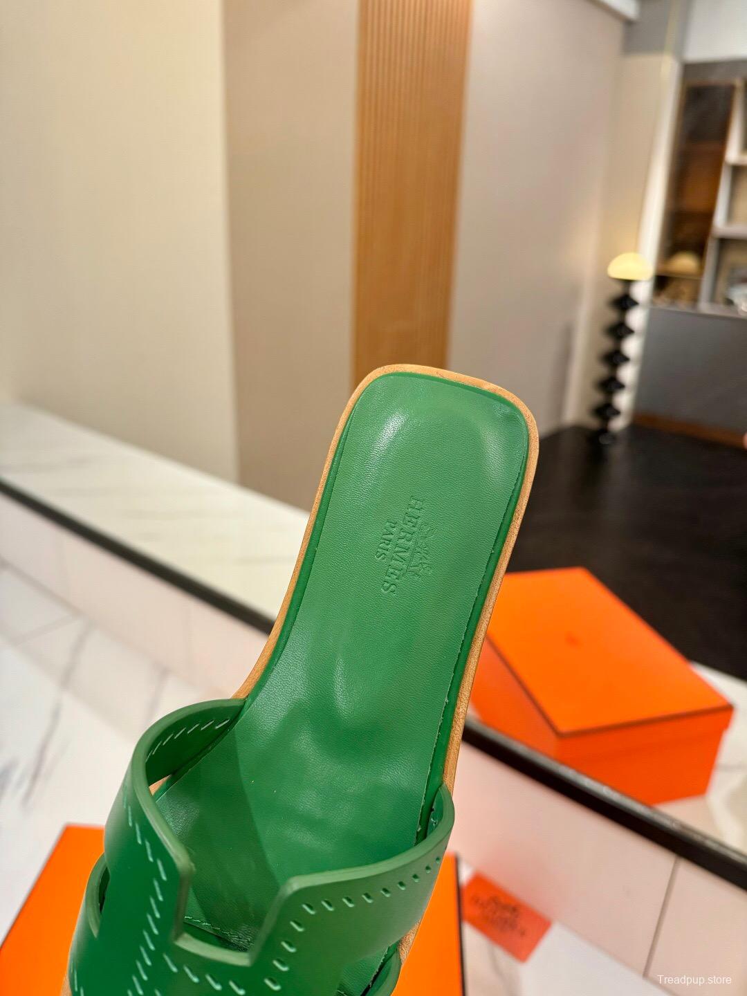 2025 Women Hermès Green Leather Slippers