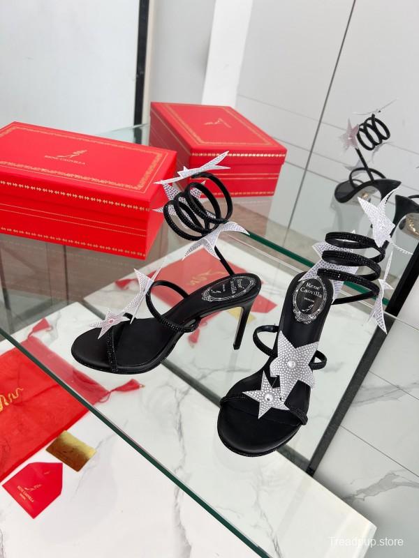 2025 Women RC Black Silk Crystal Star High Heel Sandals LY00340