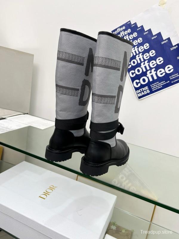 2024 Women Dior Black Grey Leather Fabric Knee High Boots