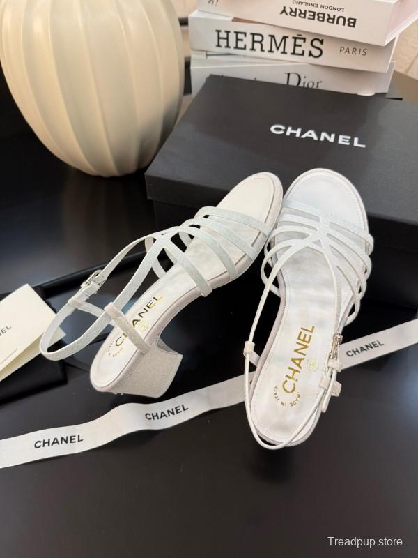 2025 Women Chanel White Leather Sandals