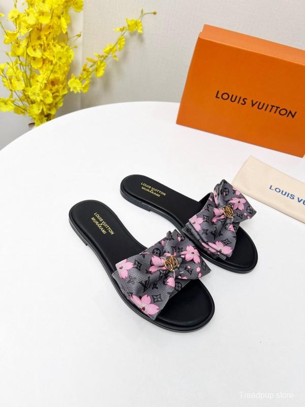 2025 Women Louis Vuitton Pink Black Leather Slippers LY00190