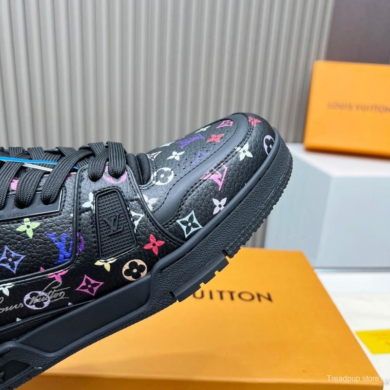 2025 Unisex Louis Vuitton Black Multicolor Leather LV Trainer Sneakers KFY00370