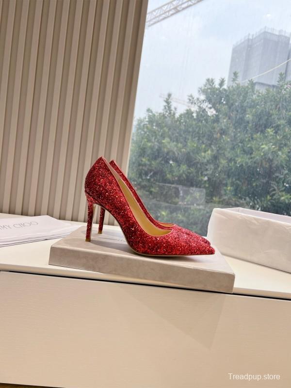 2025 Women Jimmy Choo Red Glitter Leather Pumps
