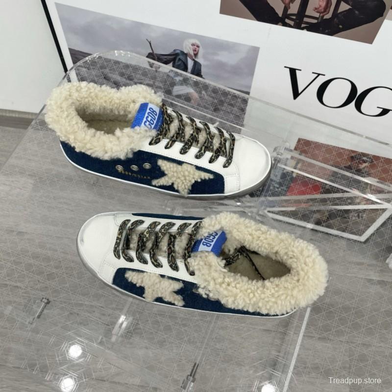 2025 Women GGDB White Navy Blue Leather Shearling Sneakers
