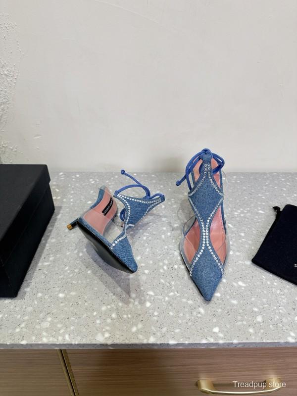 2025 Women Les Petits Joueurs Blue Denim Satin Leather Heels KFY00290