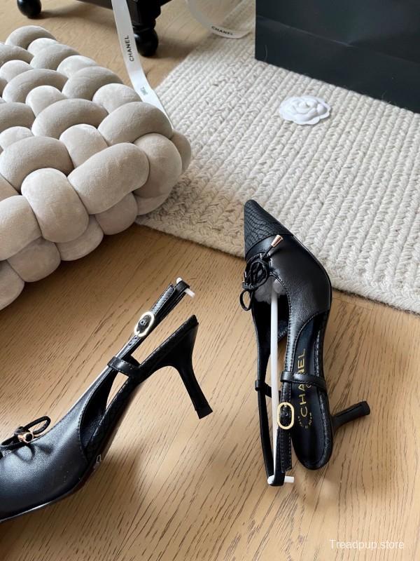 2025 Women Chanel Black Leather Slingback Bowknot Pumps KFY00320