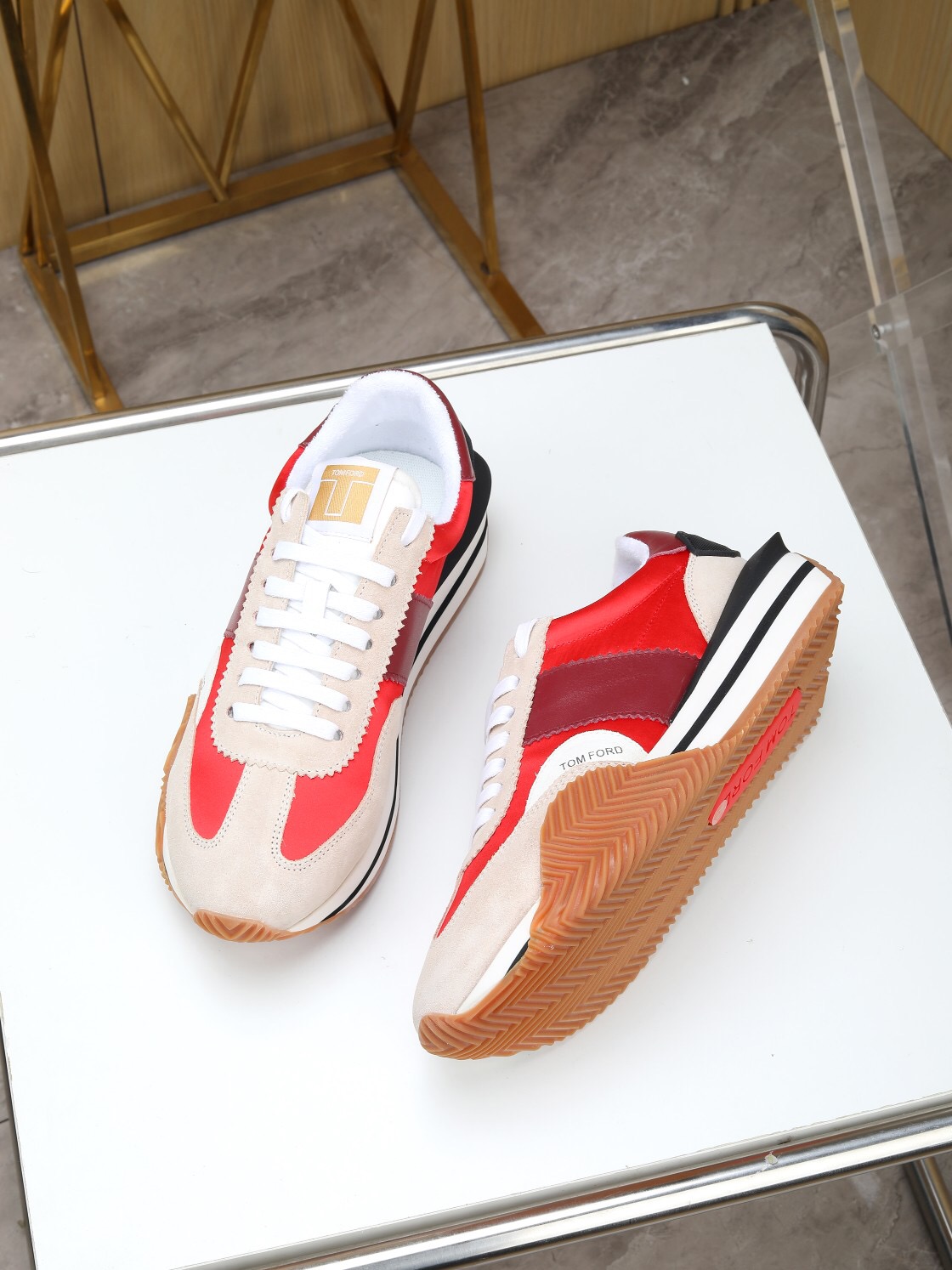 2025 Unisex TOM FORD Red Burgundy White Suede Leather Sneakers LY00360(F)/LY00370(M)