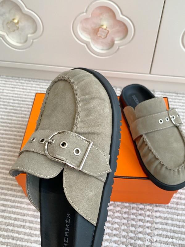 2025 Women Hermès Grey Suede Mule Shoe KFY00290