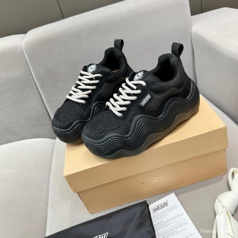 2025 Unisex HEYDAY Black Canvas Leather Wave Sneakers KFY00260