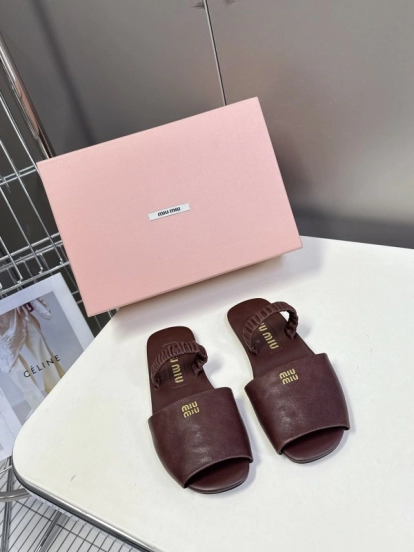 2025 Slippers Miu Miu Brown Leather Slippers LY00