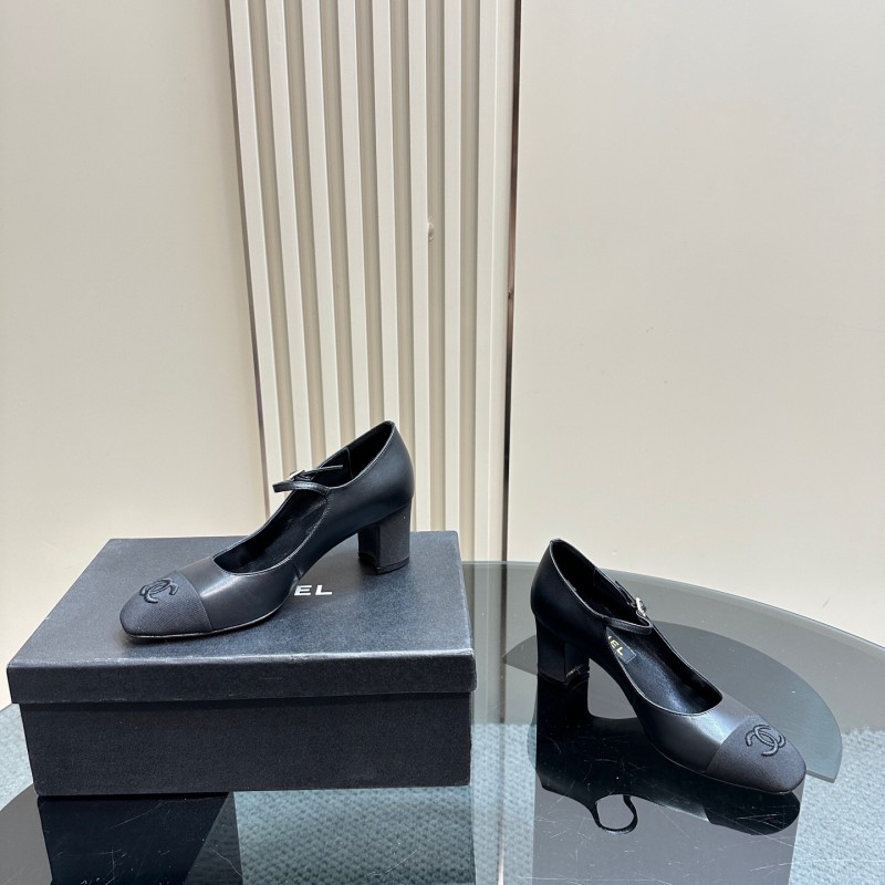 2025 Women Chanel Black Leather Mary Jane Shoes KFY00290