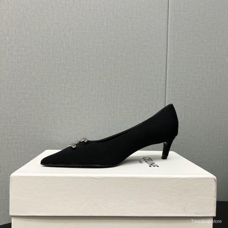 2025 Women Celine Black Fabric Pointed Toe Metal Buckle Pumps