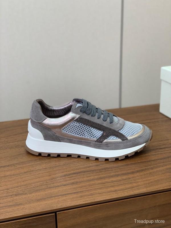 2025 Unisex Brunello Cucinelli Grey Silver Suede Mesh Sneakers