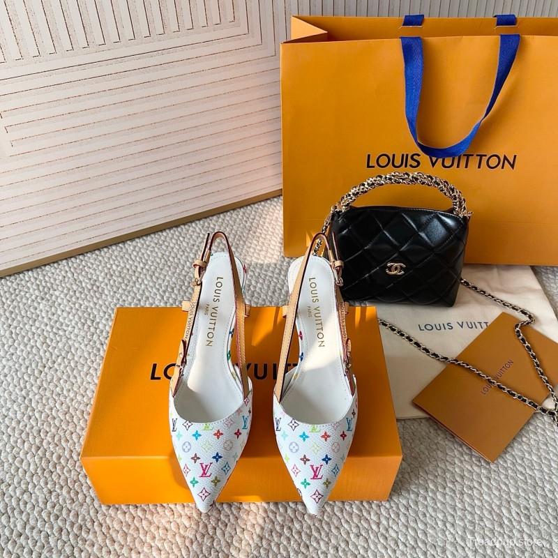 2025 Women Louis Vuitton White Multicolor Canvas Leather Slingback Pumps