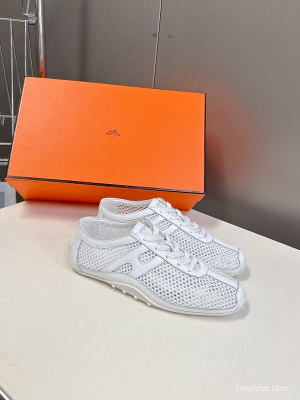 2025 Women Hermès White Leather Mesh Sneakers KFY00250