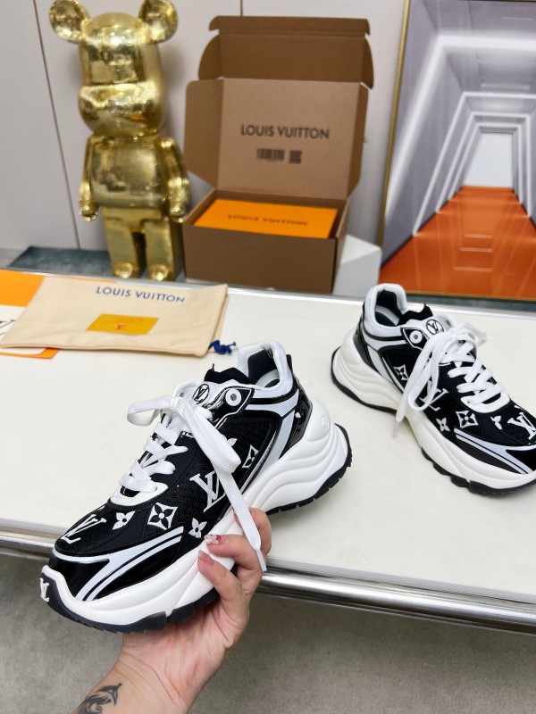 2025 Unisex Louis Vuitton Black White Fabric Leather Sneakers LY00340(F)/LY00341(M)
