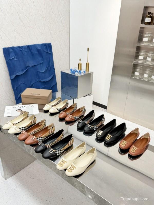 2025 Women Burberry Beige Black Fabric Leather Ballet Flats LY00250