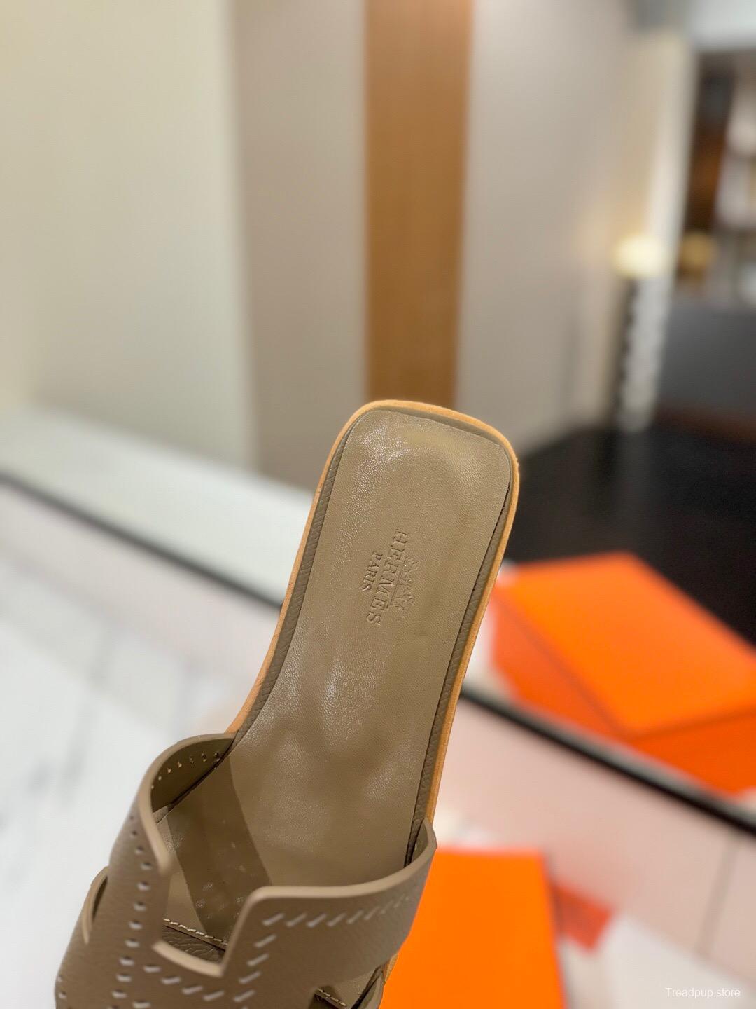 2025 Women Hermès Khaki Leather Slippers