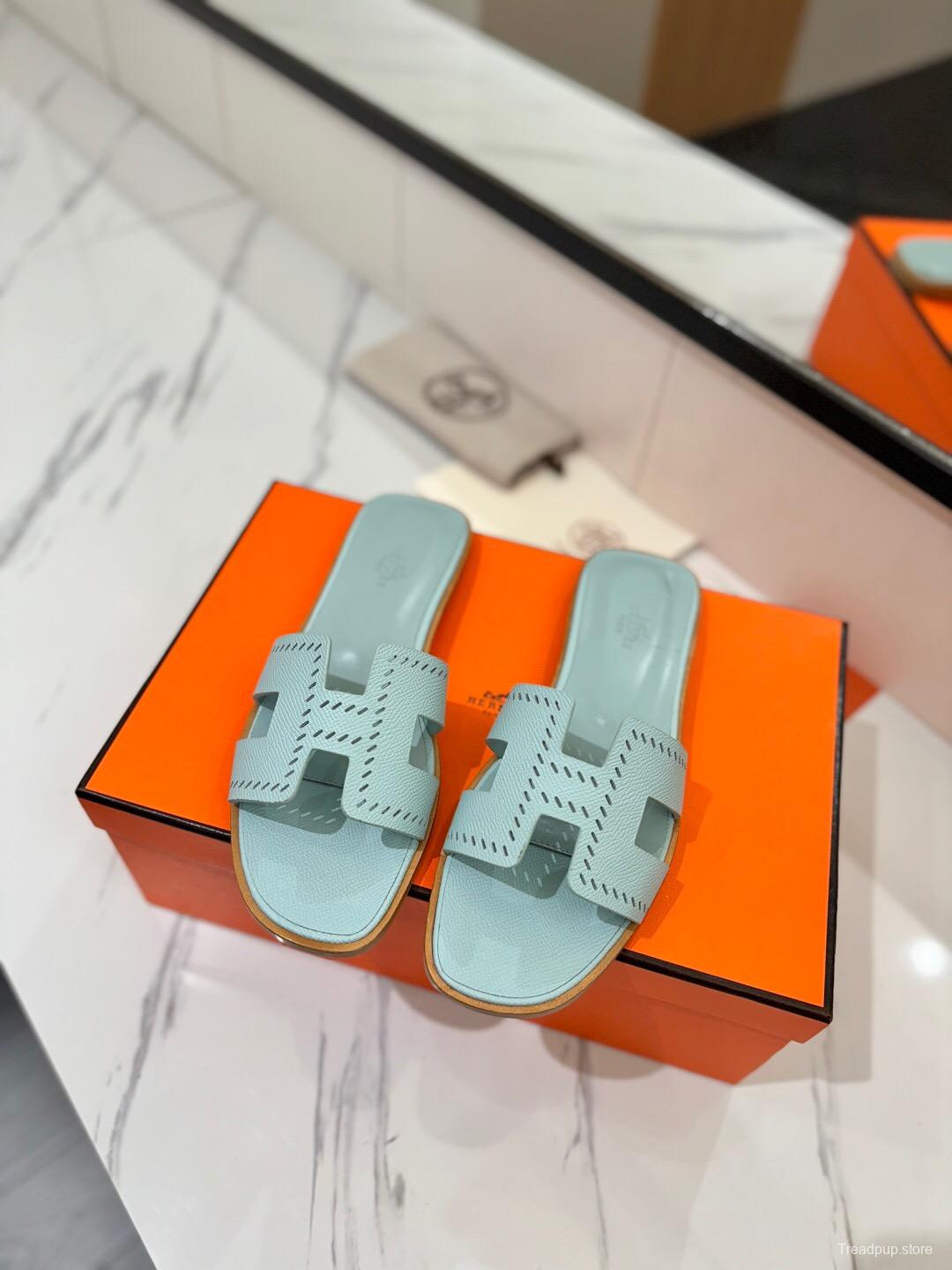 2025 Women Hermès Light Blue Leather Slippers