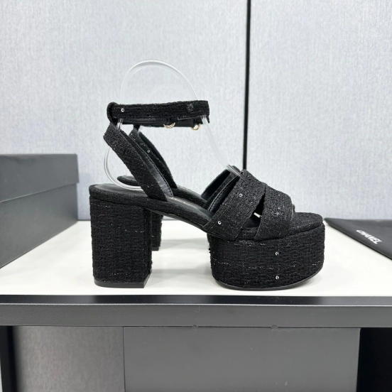 2025 Women Chanel Black Fabric Platform Sandals KFY00310