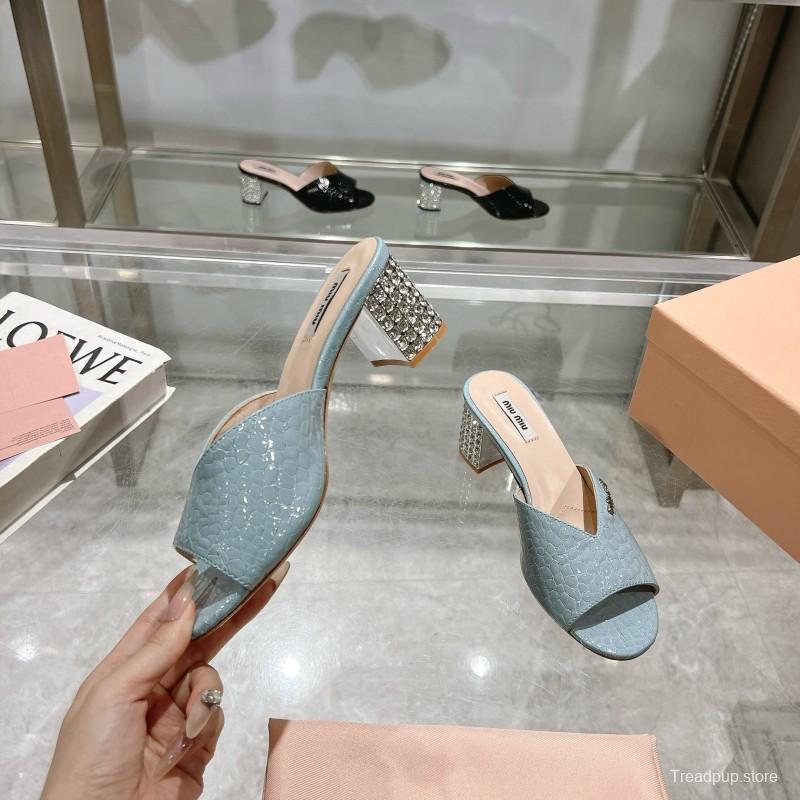2025 Women Miu Miu Light Blue Leather Mules