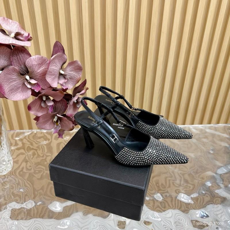 2024 Women Yves Saint Laurent Black Silk Slingback Pumps Crystal Embellishment MJ00320