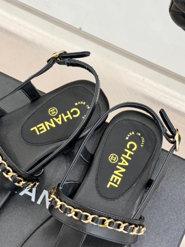 2025 Women Chanel Black Leather Sandals KFY00250