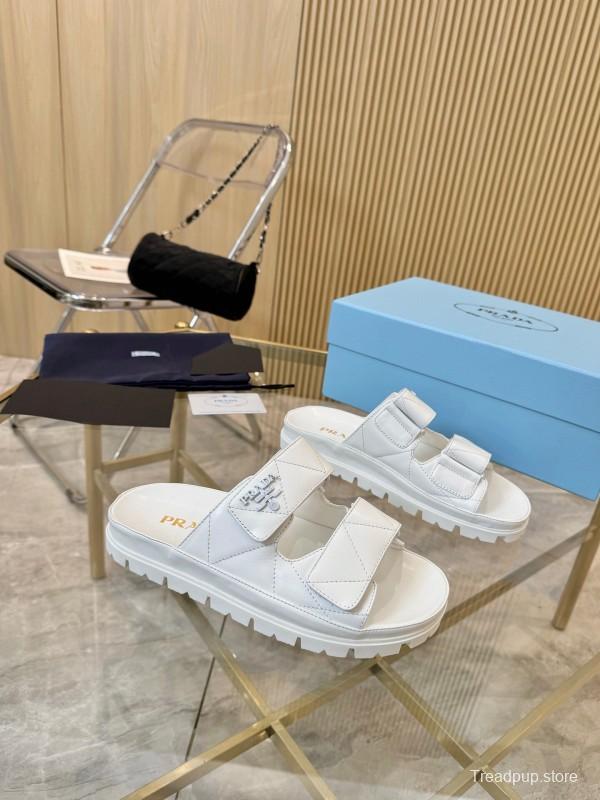 2025 Women Prada White Leather Slippers LY00270