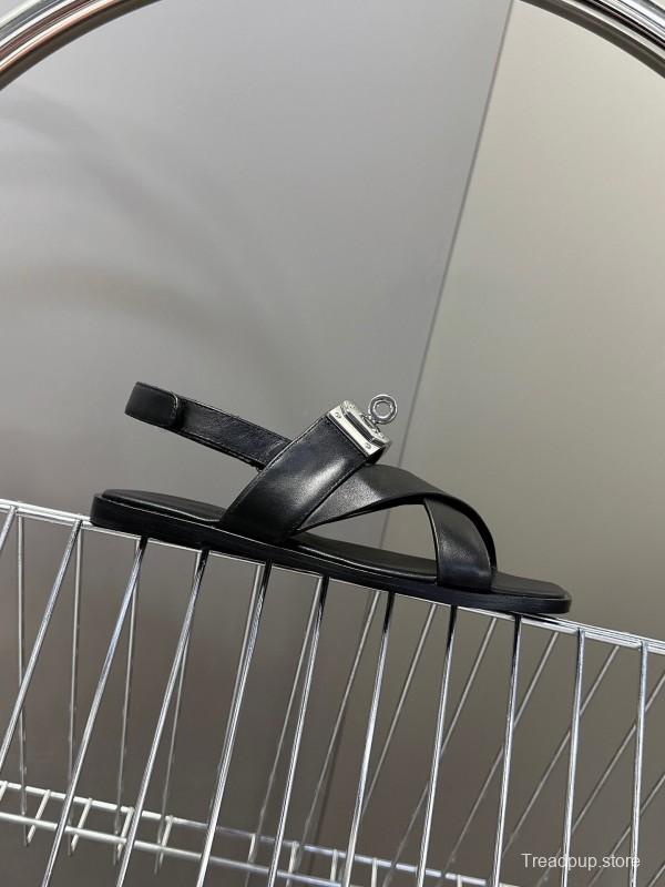 2025 Women Hermès Black Leather Sandals Metal Buckle KFY00300