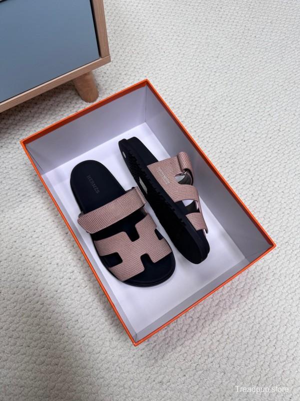 2025 Women Hermès Beige Black Leather Slippers