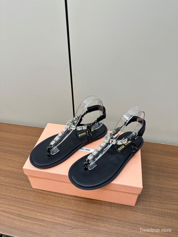 2025 Women Miu Miu Black Leather Rhinestone Sandals LY