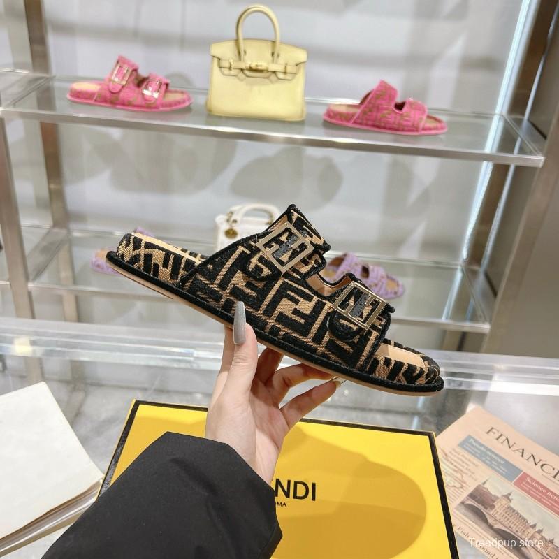 2025 Fendi Black Beige Jacquard Fabric Leather Slippers