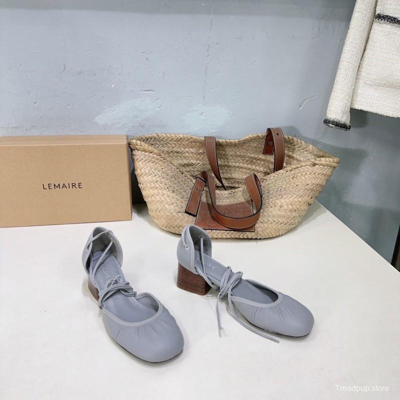 2025 Women LEMAIRE Light Grey Leather Mary Jane Block Heel KFY00300